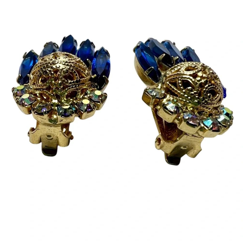 Juliana Clip Earrings Vintage 1960’s‎ D&E Sapphire Blue Aurora Borealis Gold - Picture 8 of 10